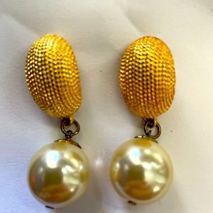 clip-on Gold shell earrings. Beauties  2" long with dangling pearl.